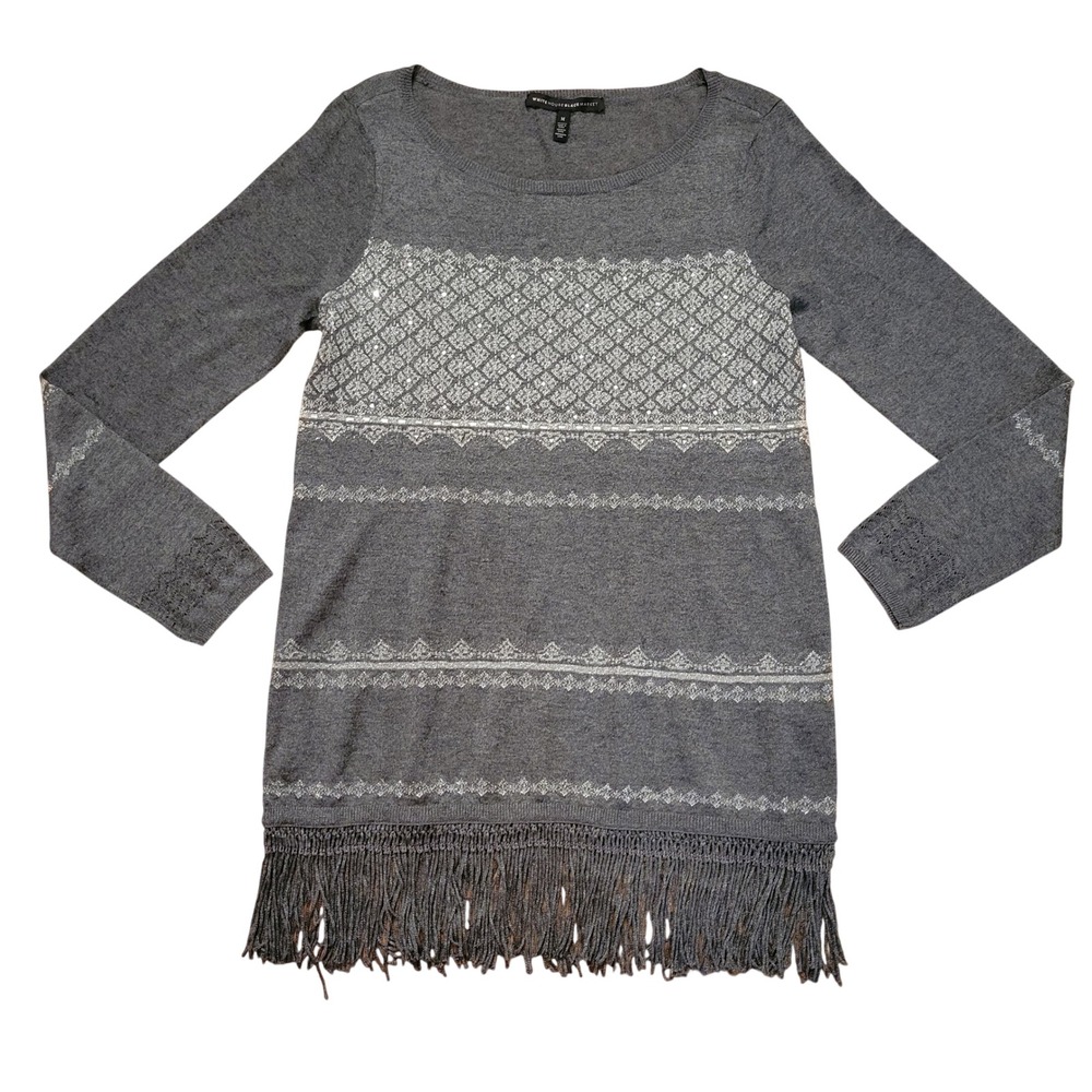 WHBM M Tunic Sweater Gray Fringe Sequin Fair Isle Metallic Lightweight Thin Knit
